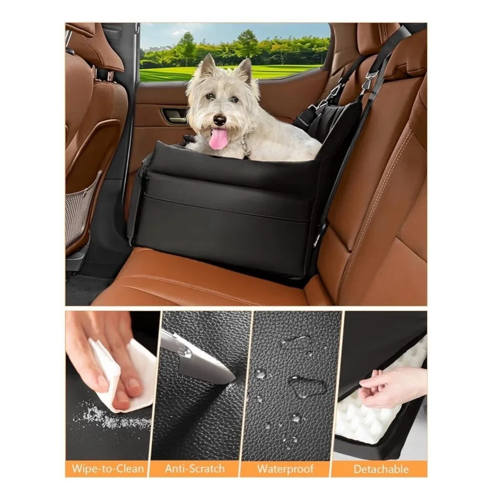 FAUX LEATHER DOG BOOSTER CAR SEAT WITH HARNESS AND BELT LEASH (UP TO 30 LBS)